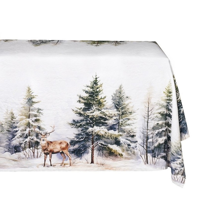 Tovaglia in lino decorata con bosco innevato e cervi